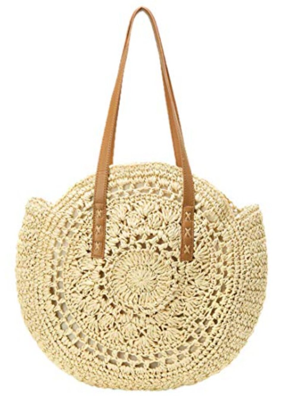 Handwoven Round Straw Tote Bag Natural Chic Summer Beach Shoulder Bag
